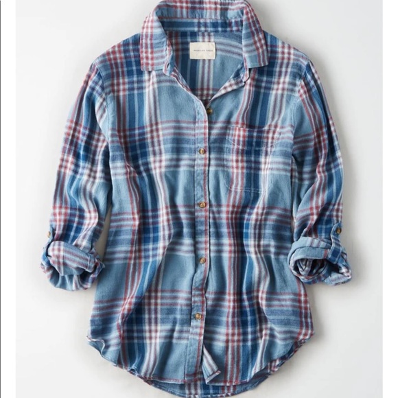 Tops - American Eagle Amazingly Soft Distressed Oversized Blue and Pink Flannel Top
